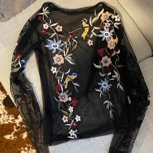 Black sheer see through top with flower embroidery from Zara